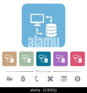 Syncronize data with database white flat icons on color rounded square backgrounds. 6 bonus icons included Stock Vector