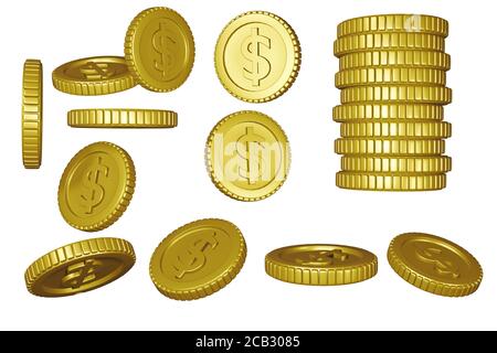 Set of gold coins with dollar sign isolated on a white background. 3d rendering. Stock Photo