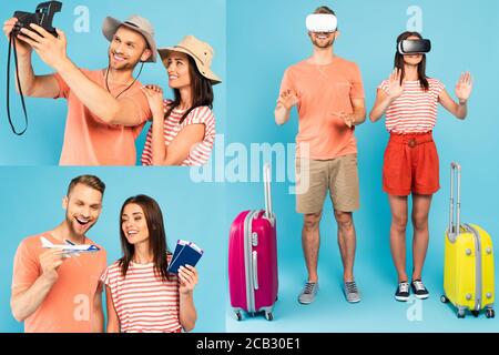 collage of happy couple taking selfie on vintage camera looking at toy plane and using vrs near luggage on blue Stock Photo