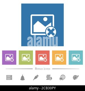 Cancel image operations flat white icons in square backgrounds. 6 bonus icons included. Stock Vector