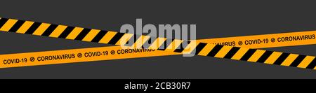 Strips of nCov-2019. Warning coronavirus quarantine yellow and black stripes. COVID-19 tape Stock Photo