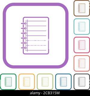 Notepad simple icons in color rounded square frames on white background Stock Vector