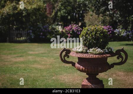 Pleasure garden with lawn, pot of plants and flower beds Stock Photo