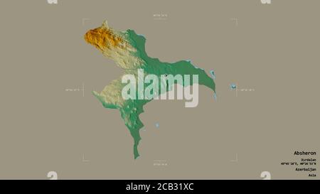 Area of Absheron, region of Azerbaijan, isolated on a solid background in a georeferenced bounding box. Labels. Topographic relief map. 3D rendering Stock Photo