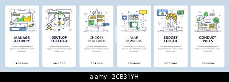 Digital marketing strategy. Mobile app onboarding screens, vector website banner template Stock Vector