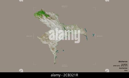 Area of Absheron, region of Azerbaijan, isolated on a solid background in a georeferenced bounding box. Labels. Satellite imagery. 3D rendering Stock Photo
