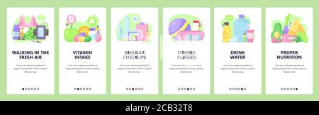 Healthy nutrition, rest and fitness. Mobile app onboarding screens, vector website banner template Stock Vector