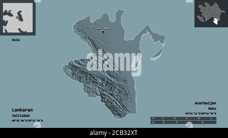 Shape of Lankaran, region of Azerbaijan, and its capital. Distance scale, previews and labels. Colored elevation map. 3D rendering Stock Photo