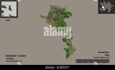 Shape of Kalbajar-Lachin, region of Azerbaijan, and its capital. Distance scale, previews and labels. Satellite imagery. 3D rendering Stock Photo