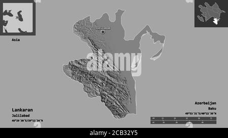 Shape of Lankaran, region of Azerbaijan, and its capital. Distance scale, previews and labels. Bilevel elevation map. 3D rendering Stock Photo