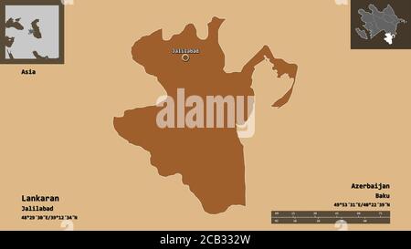 Shape of Lankaran, region of Azerbaijan, and its capital. Distance scale, previews and labels. Composition of patterned textures. 3D rendering Stock Photo