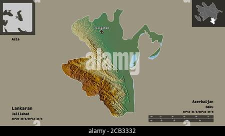 Shape of Lankaran, region of Azerbaijan, and its capital. Distance scale, previews and labels. Topographic relief map. 3D rendering Stock Photo