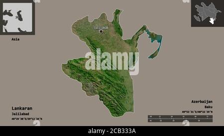 Shape of Lankaran, region of Azerbaijan, and its capital. Distance scale, previews and labels. Satellite imagery. 3D rendering Stock Photo
