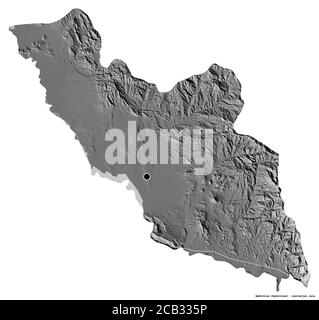 Shape of Nakhchivan, region of Azerbaijan, with its capital isolated on white background. Bilevel elevation map. 3D rendering Stock Photo