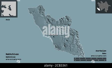 Shape of Nakhchivan, region of Azerbaijan, and its capital. Distance scale, previews and labels. Colored elevation map. 3D rendering Stock Photo