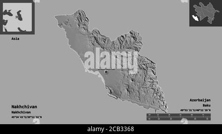 Shape of Nakhchivan, region of Azerbaijan, and its capital. Distance scale, previews and labels. Bilevel elevation map. 3D rendering Stock Photo