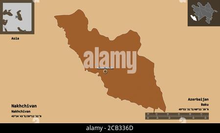 Shape of Nakhchivan, region of Azerbaijan, and its capital. Distance scale, previews and labels. Composition of patterned textures. 3D rendering Stock Photo