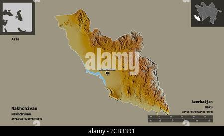 Shape of Nakhchivan, region of Azerbaijan, and its capital. Distance scale, previews and labels. Topographic relief map. 3D rendering Stock Photo