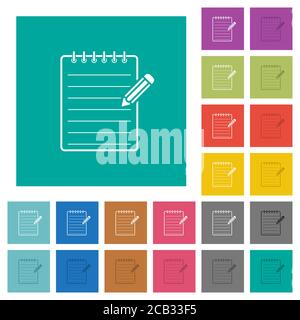 Spiral notepad with pencil multi colored flat icons on plain square backgrounds. Included white and darker icon variations for hover or active effects Stock Vector
