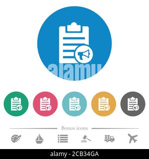 Note reading aloud flat white icons on round color backgrounds. 6 bonus icons included. Stock Vector