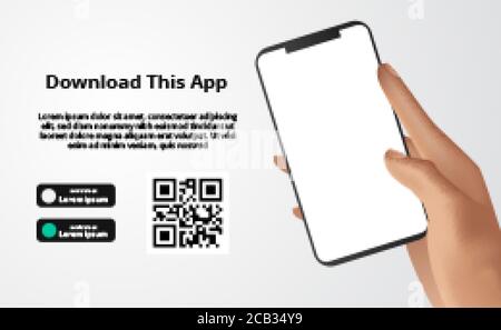 landing page banner advertising for downloading app for mobile phone, hand holding smartphone. Download buttons with scan qr code template. white back Stock Vector