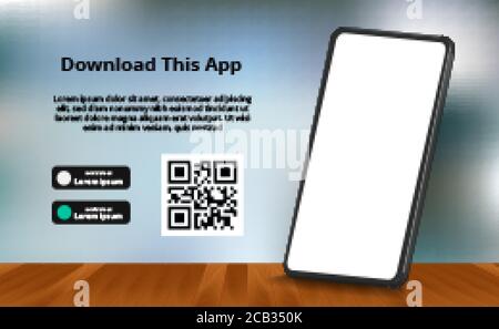 landing page banner advertising for downloading app for mobile phone, 3D smartphone with wood floor and bokeh blur background. Download buttons with s Stock Vector