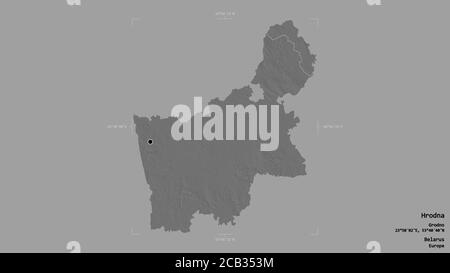 Area of Hrodna, region of Belarus, isolated on a solid background in a georeferenced bounding box. Labels. Bilevel elevation map. 3D rendering Stock Photo