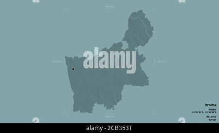 Area of Hrodna, region of Belarus, isolated on a solid background in a georeferenced bounding box. Labels. Colored elevation map. 3D rendering Stock Photo