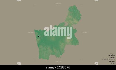 Area of Hrodna, region of Belarus, isolated on a solid background in a georeferenced bounding box. Labels. Topographic relief map. 3D rendering Stock Photo