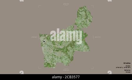 Area of Hrodna, region of Belarus, isolated on a solid background in a georeferenced bounding box. Labels. Satellite imagery. 3D rendering Stock Photo