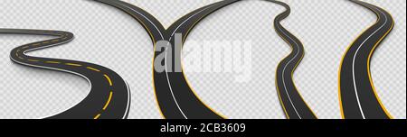 Road, winding and fork highway isolated on transparent background. Journey two lane curve asphalt pathway going into the distance. Route direction and navigation signs for map, Realistic 3d vector set Stock Vector