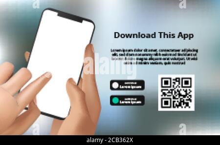 landing page banner advertising for downloading app for mobile phone, hand holding smartphone with grey blur bokeh background. Download buttons with s Stock Vector