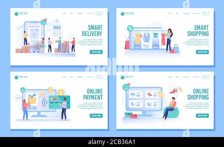 Smart shopping, order, delivery landing page set Stock Vector