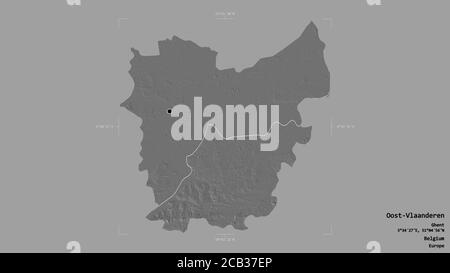 Area of Oost-Vlaanderen, province of Belgium, isolated on a solid background in a georeferenced bounding box. Labels. Bilevel elevation map. 3D render Stock Photo