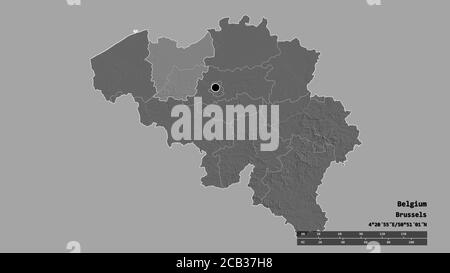 Desaturated shape of Belgium with its capital, main regional division and the separated Oost-Vlaanderen area. Labels. Bilevel elevation map. 3D render Stock Photo