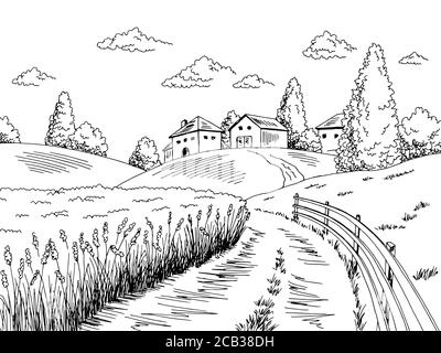 Rural Landscape, Village Sketch. Hand Drawn Farm, Farming. Agriculture 