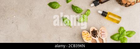 panoramic shot of green leaves, bottles and pills in wooden spoons on concrete background, naturopathy concept Stock Photo