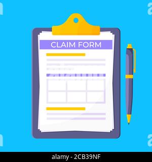 Clipboard with claim form on it, paper sheets, pen isolated on blue background Stock Vector