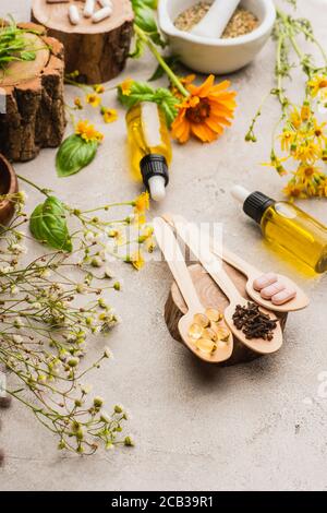 selective focus of wildflowers, herbs, bottles and pills in wooden spoons on concrete background, naturopathy concept Stock Photo