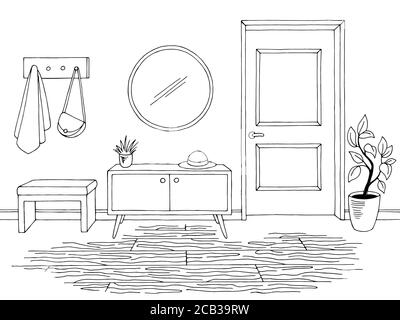 Hallway graphic black white home interior sketch illustration vector Stock Vector