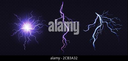 Electric ball and lightning strike, impact place, plasma sphere or magical energy flash of blue and lilac colors isolated on black background. Powerful electrical discharge, Realistic 3d vector set Stock Vector