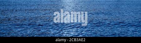 Small Water waves are moving in the sea. Texture or background. Evening sun in blue seawater. Long Trendy Banner in color of the year 2020 Stock Photo