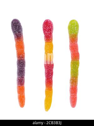 Three Bright jelly worms candy. Close up. Colorful Jelly Snakes isolated on white background Stock Photo