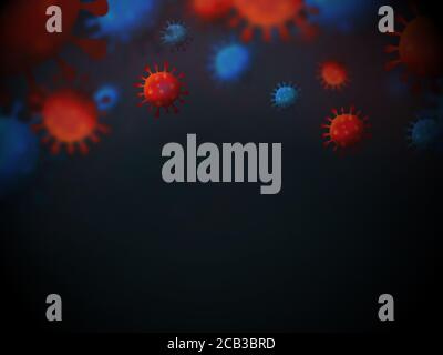 Digital illustration of red and blue coronavirus particles with space for text Stock Photo