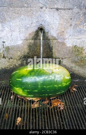 A water melon cooling under a fresh water  spring in the Mani, Peloponnese,  Greece Stock Photo