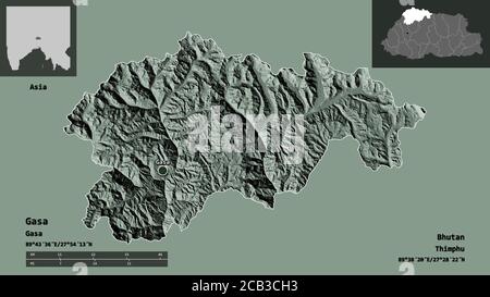 Shape of Gasa, district of Bhutan, and its capital. Distance scale, previews and labels. Colored elevation map. 3D rendering Stock Photo