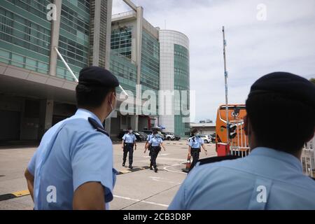 Hong Kong, China. 10th Aug, 2020. The police investigate at the headquarters of Apple Daily in Hong Kong, south China, Aug. 10, 2020. TO GO WITH 'Jimmy Lai arrested under national security law in Hong Kong' Credit: Lui Siu Wai/Xinhua/Alamy Live News Stock Photo