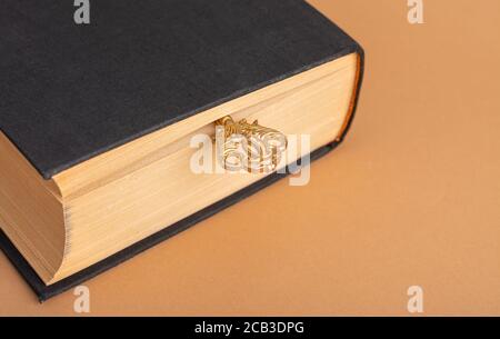 A old beautiful key with lays between the pages of a old book. Stock Photo