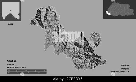 Samtse, district of Bhutan. Bilevel elevation map with lakes and rivers ...