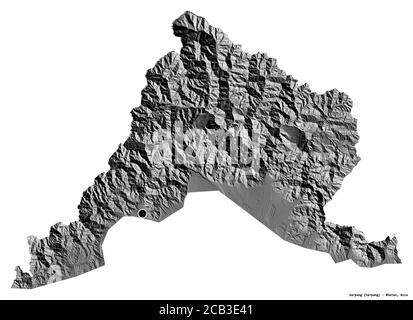 Shape of Sarpang, district of Bhutan, with its capital isolated on white background. Bilevel elevation map. 3D rendering Stock Photo